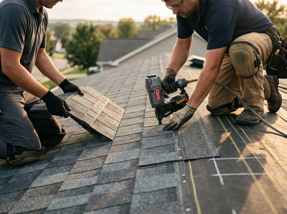 Professional roofer working on a residential roof in Nephi